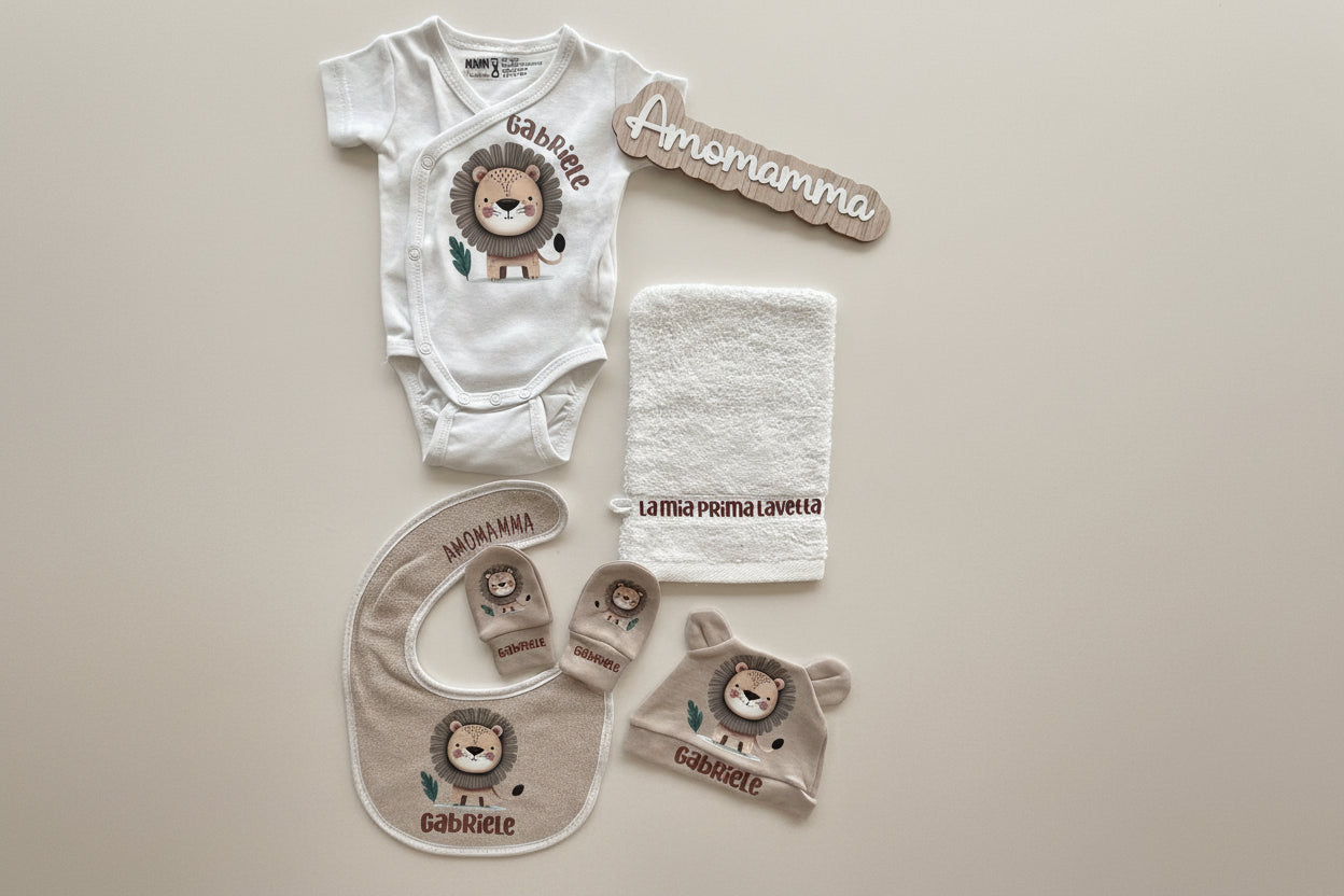 ccordinato nascita, body, lavetta, bandana, muffolette, cappellino neonato